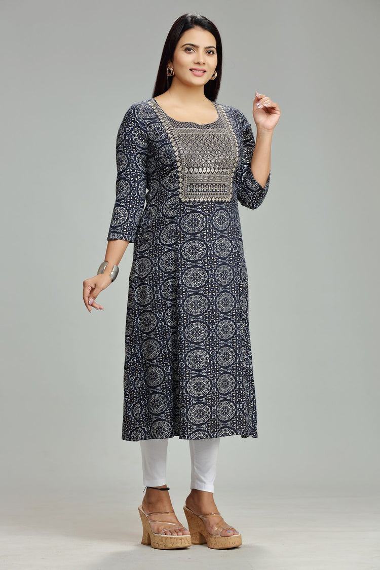 Madhulika Navy Blue Rayon Embroidered A-Line Kurta