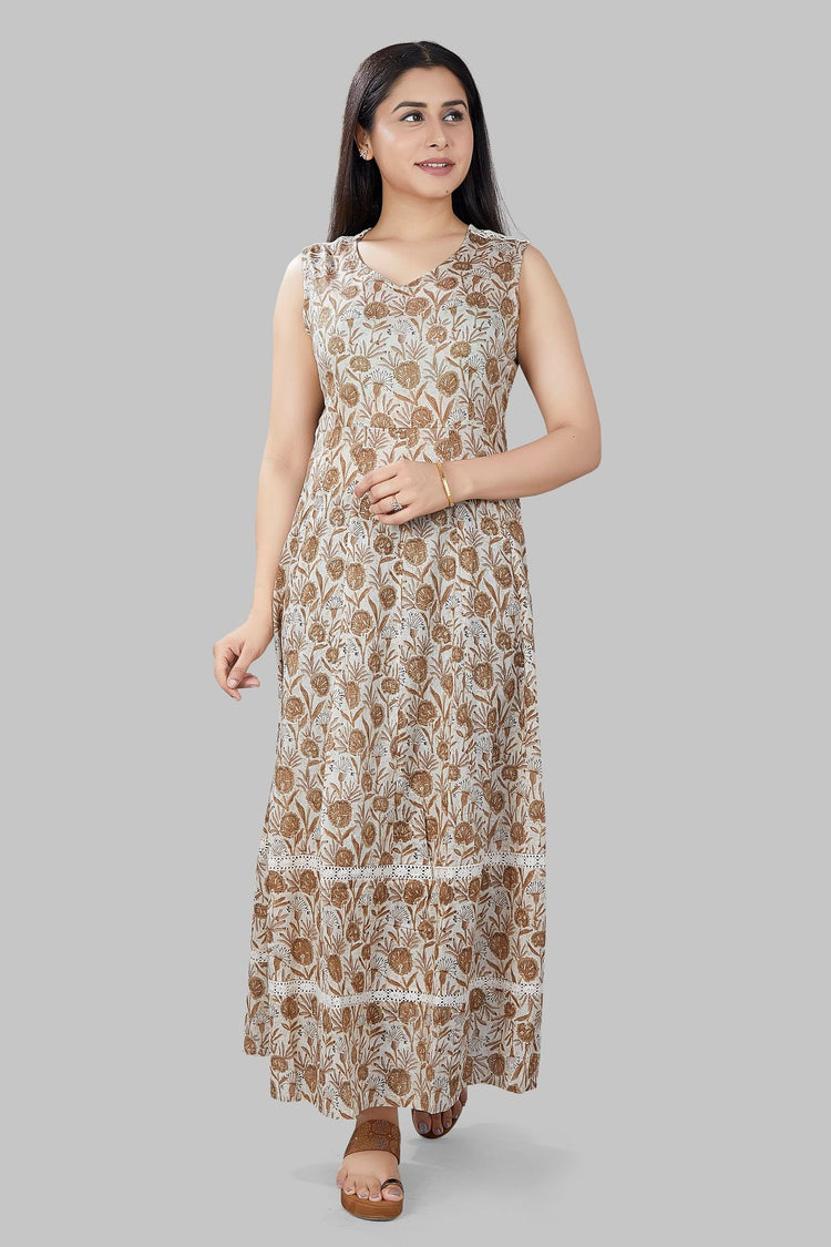 Manar Cream Jaipuri Cotton Printed Sleeves Kurti