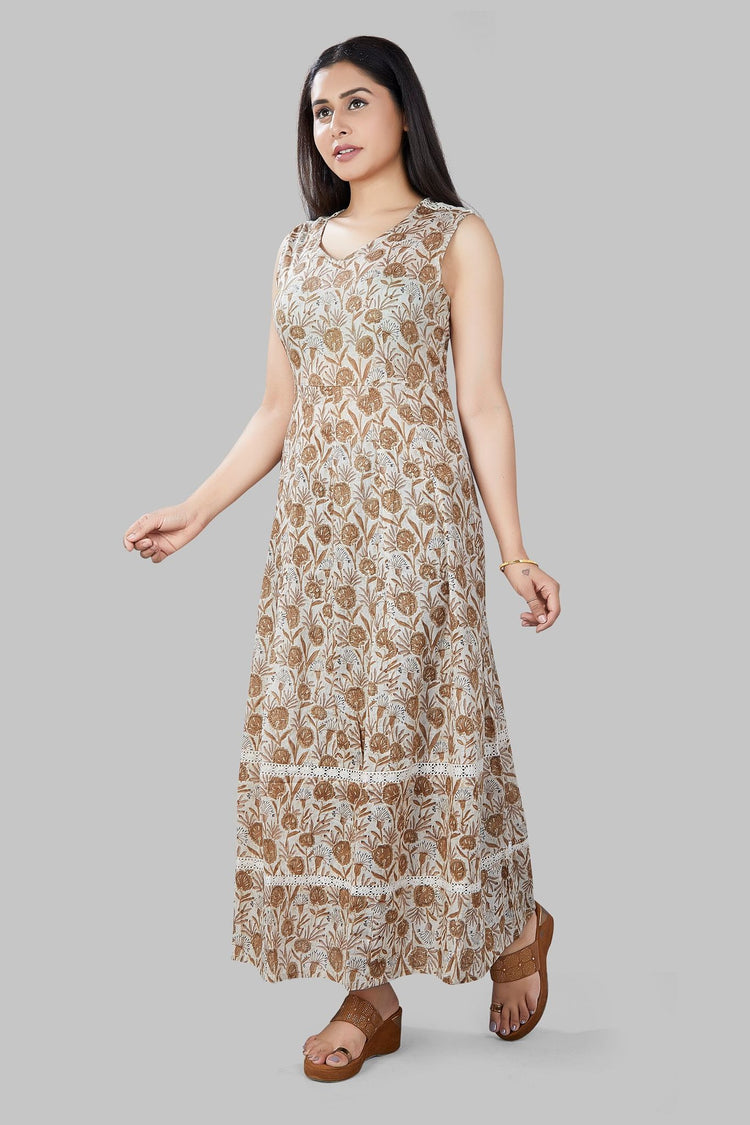 Manar Cream Jaipuri Cotton Printed Sleeves Kurti