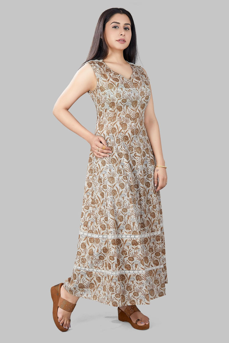 Manar Cream Jaipuri Cotton Printed Sleeves Kurti