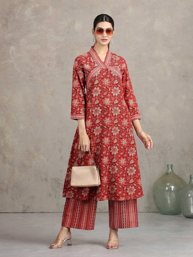 Maroon Floral Printed Straight Co-ord Set
