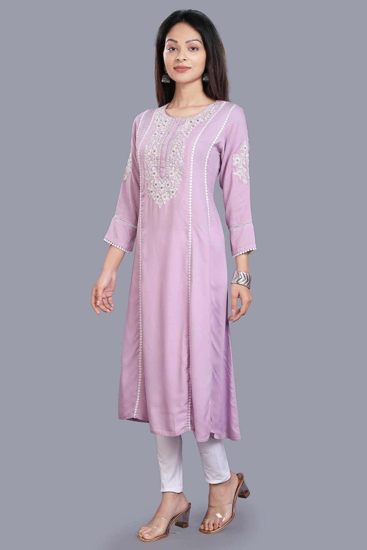 Maryam Light Purple Rayon Embroidered A-Line Kurta