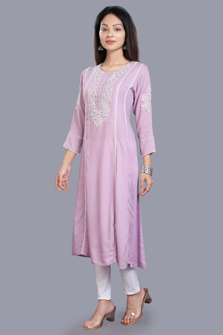 Maryam Light Purple Rayon Embroidered A-Line Kurta