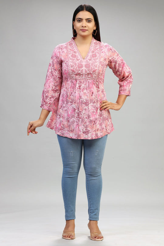 Maya Pink Cotton Short Kurtis