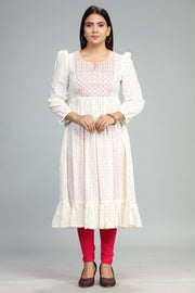 Megha CC43 White Cotton Embroidery Flared Dress