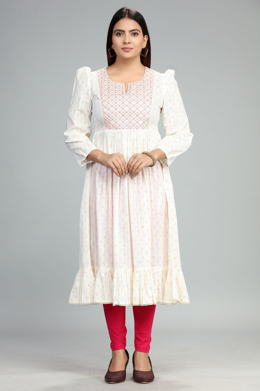 Megha CC43 White Cotton Embroidery Flared Dress