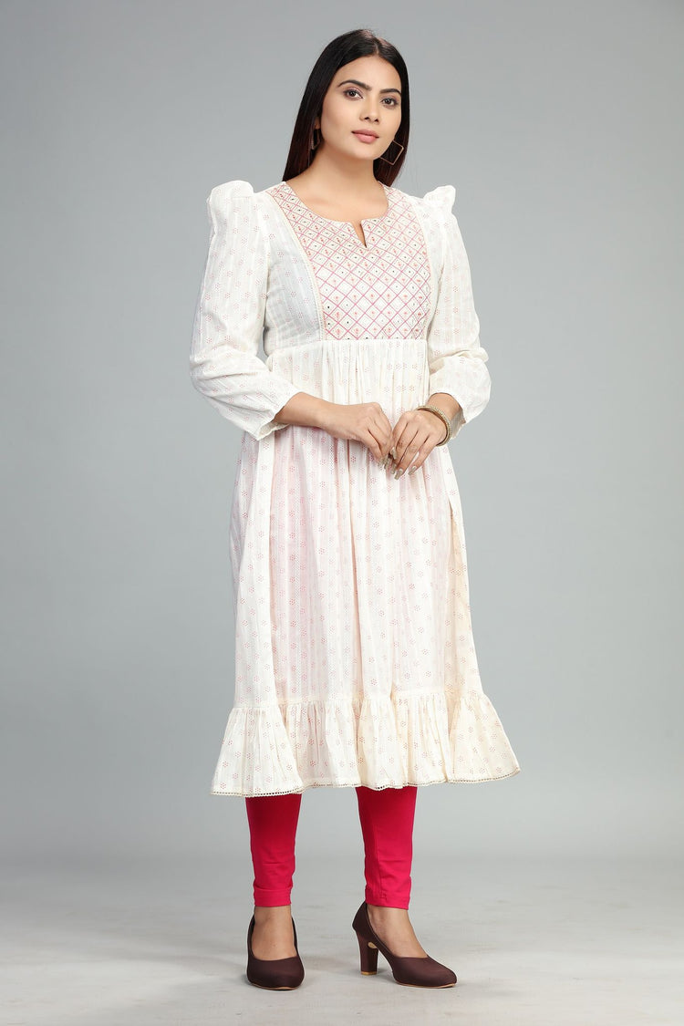 Megha CC43 White Cotton Embroidery Flared Dress