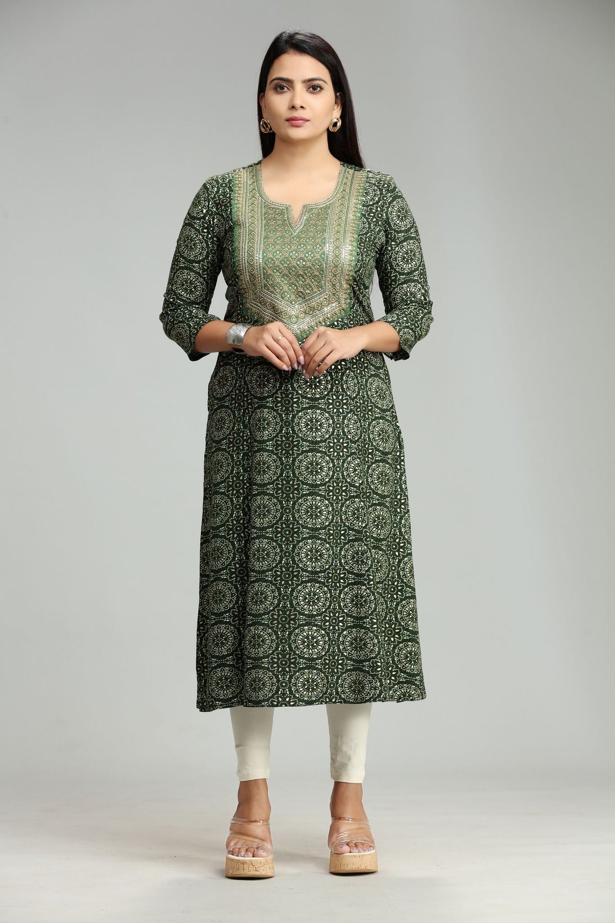 Nainika Green Rayon Embroidered  A-Line Kurta