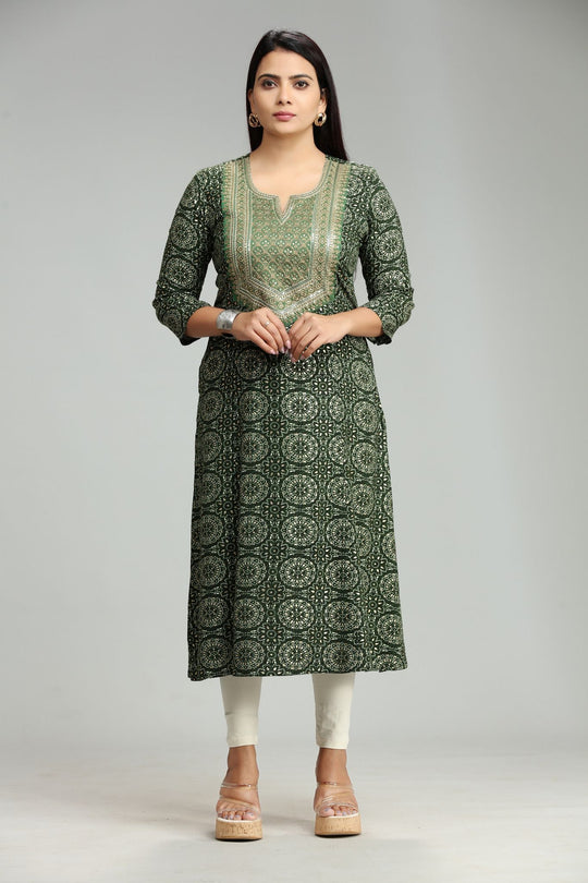 Nainika Green Rayon Embroidered  A-Line Kurta