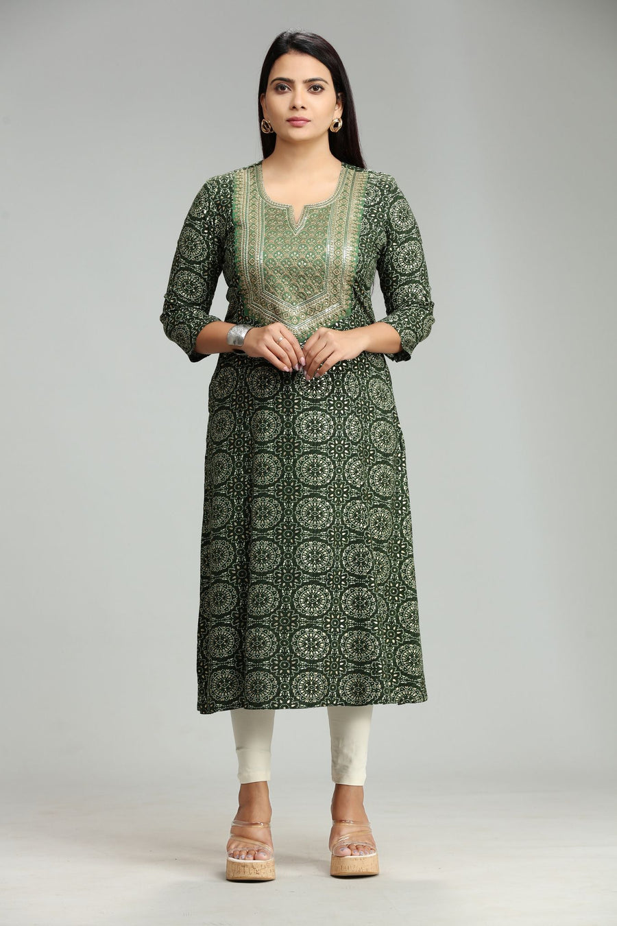 Nainika Green Rayon Embroidered  A-Line Kurta