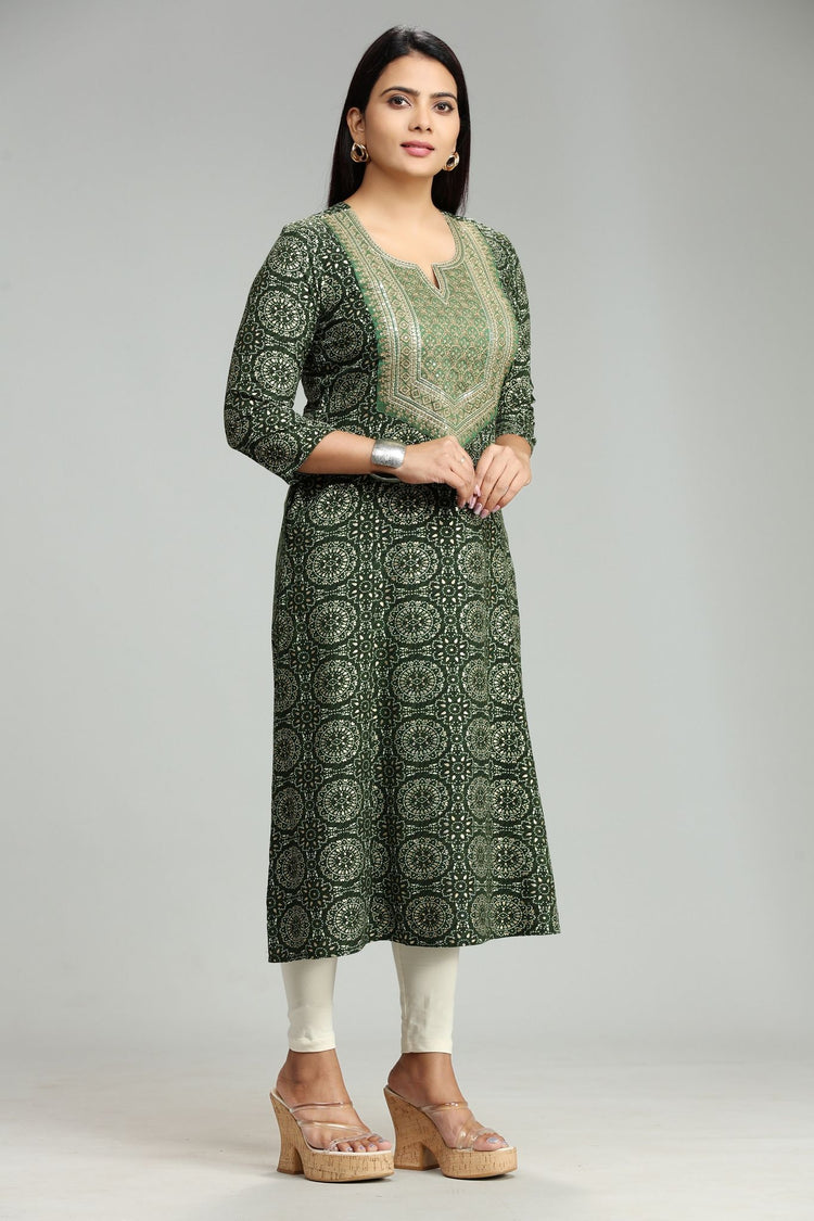 Nainika Green Rayon Embroidered  A-Line Kurta