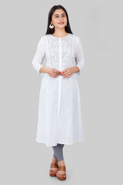 Nyla White Cotton Embroidered A-Line Kurta