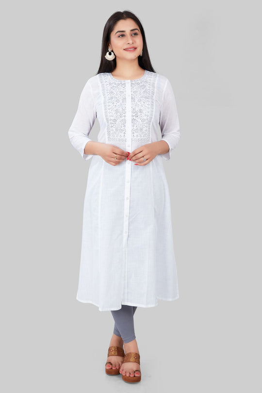 Nyla White Cotton Embroidered A-Line Kurta