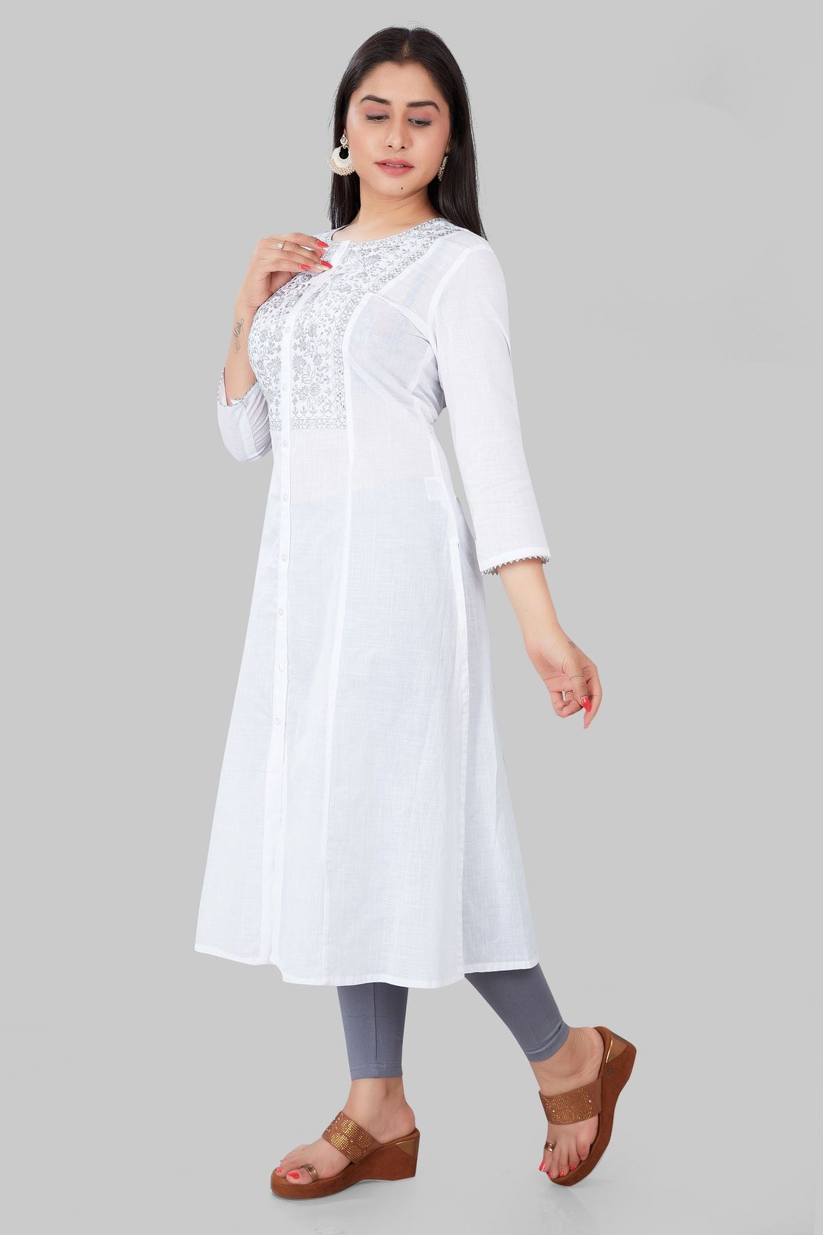 Nyla White Cotton Embroidered A-Line Kurta