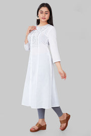 Nyla White Cotton Embroidered A-Line Kurta