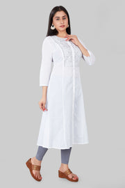 Nyla White Cotton Embroidered A-Line Kurta