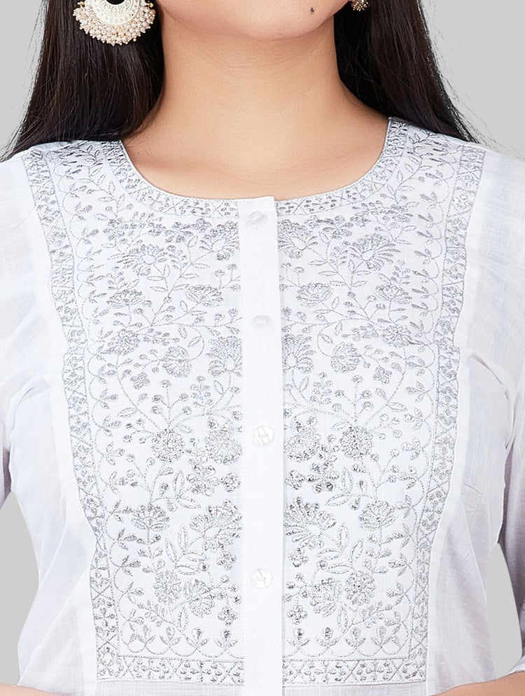 Nyla White Cotton Embroidered A-Line Kurta