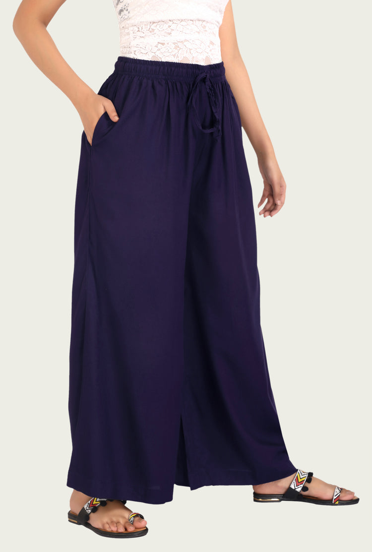 Navy Blue Rayon Flared Palazzo