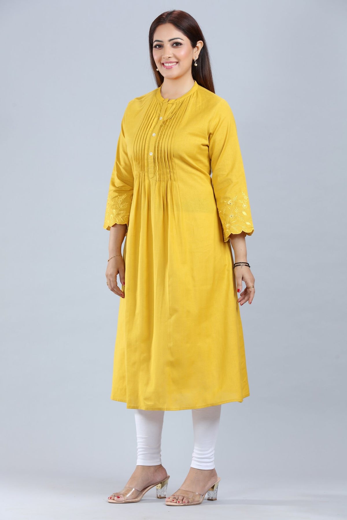 Mustard Cotton A-Line Pintex Kurta