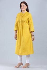 Mustard Cotton A-Line Pintex Kurta