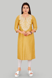 Parveen Yellow Cotton Silk Straight Kurtis