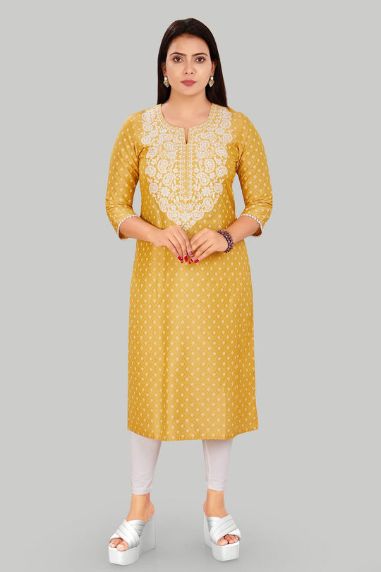 Parveen Yellow Cotton Silk Straight Kurtis