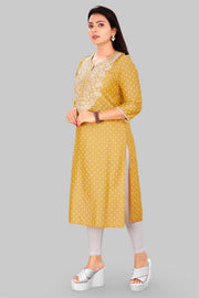 Parveen Yellow Cotton Silk Straight Kurtis