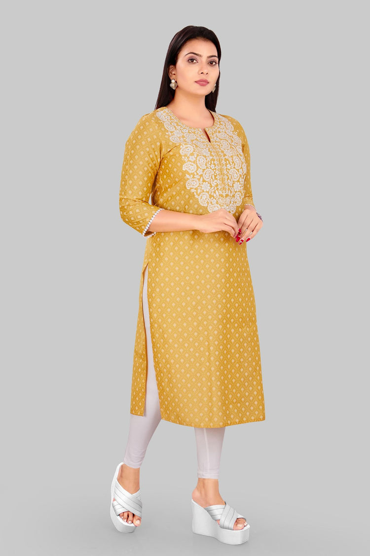 Parveen Yellow Cotton Silk Straight Kurtis
