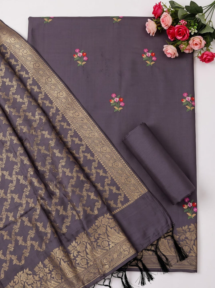 Mauve Silk Woven Dress Material with Embroidered Floral Details