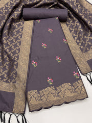 Mauve Silk Woven Dress Material with Embroidered Floral Details