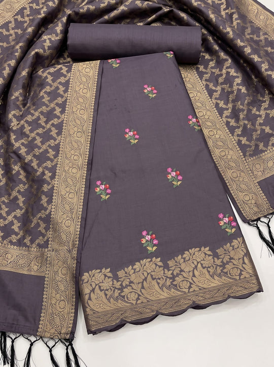 Mauve Silk Woven Dress Material with Embroidered Floral Details