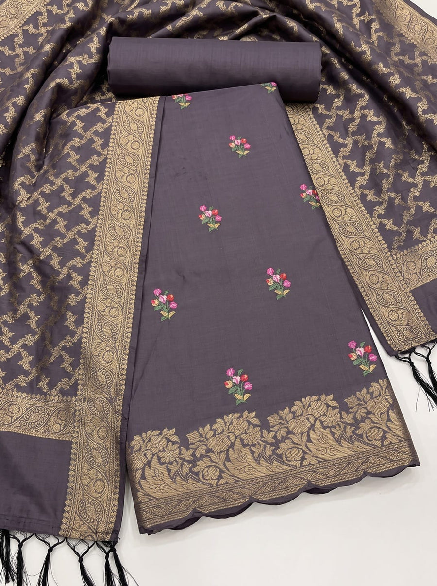 Mauve Silk Woven Dress Material with Embroidered Floral Details