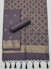 Mauve Silk Woven Dress Material with Embroidered Floral Details
