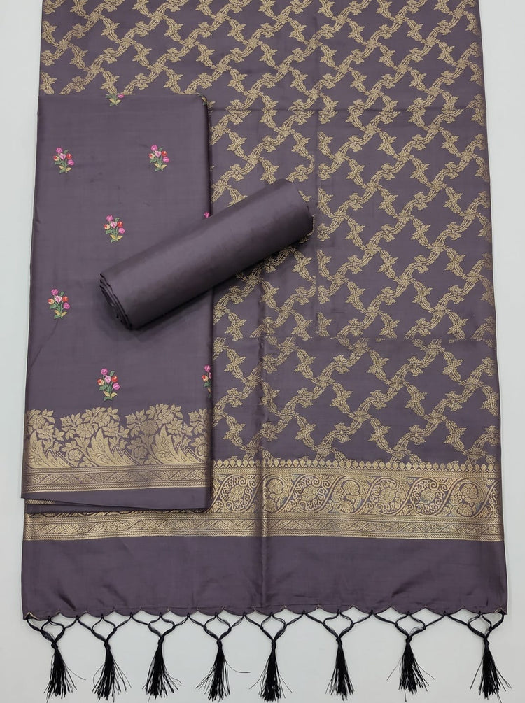 Mauve Silk Woven Dress Material with Embroidered Floral Details