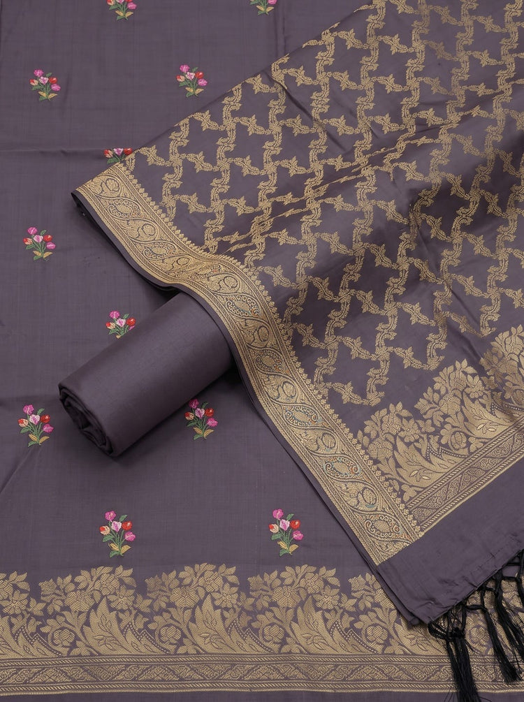 Mauve Silk Woven Dress Material with Embroidered Floral Details