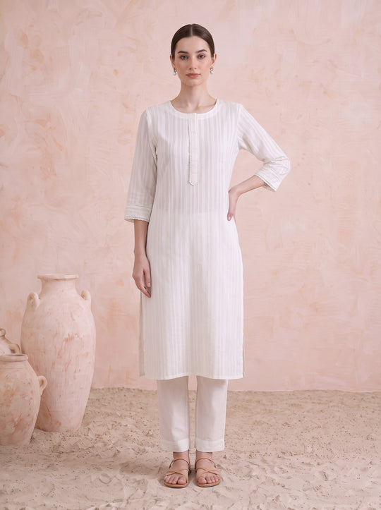 White Pure Cotton Straight Kurta with Textured Detailing
