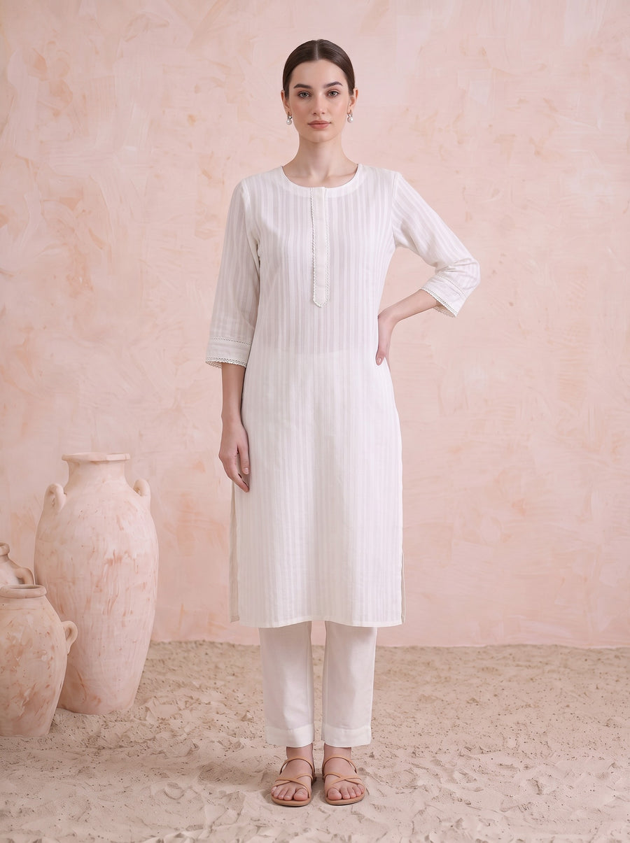 White Pure Cotton Straight Kurta with Textured Detailing