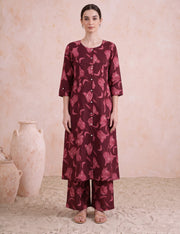 Dark Maroon Pure Cotton Floral Printed Co-Ord