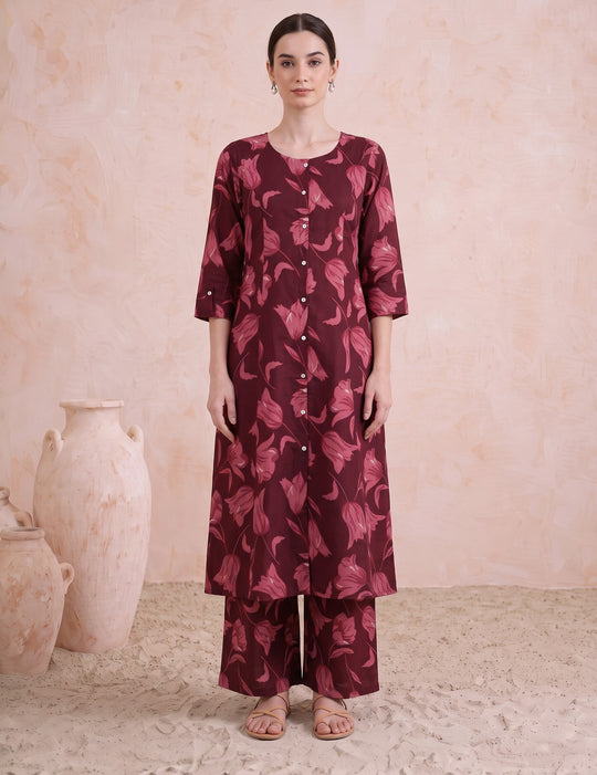 Dark Maroon Pure Cotton Floral Printed Co-Ord