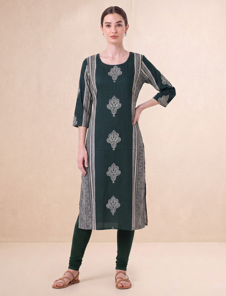 Bottle Green Traditional Floral Block Print Kurta