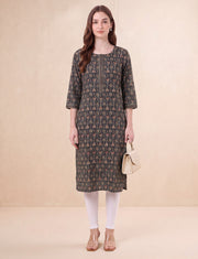 Brown Jaipuri Block Print Straight Kurta