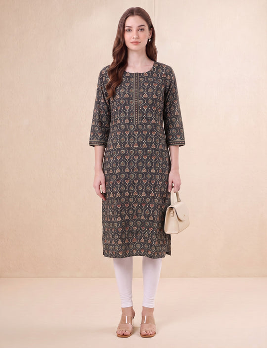 Brown Jaipuri Block Print Straight Kurta