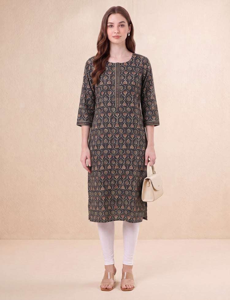 Brown Jaipuri Block Print Straight Kurta
