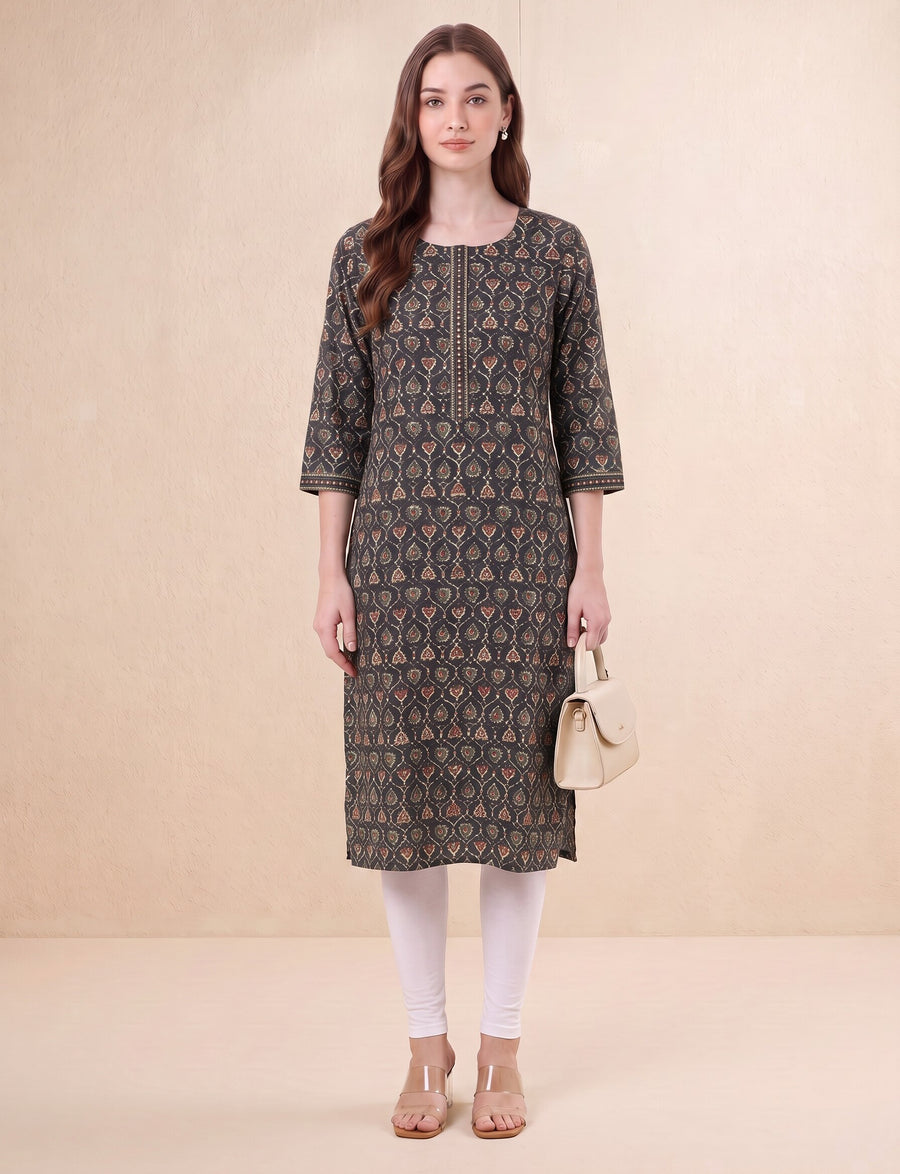 Brown Jaipuri Block Print Straight Kurta