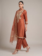 Rust Embroidered Kurta Palazzo Set with Dupatta