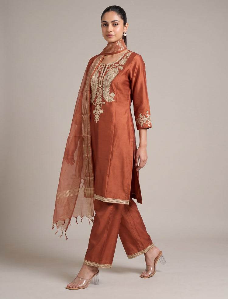 Rust Embroidered Kurta Palazzo Set with Dupatta