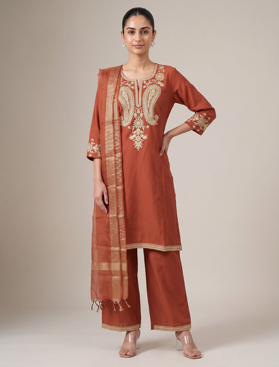Rust Embroidered Kurta Palazzo Set with Dupatta