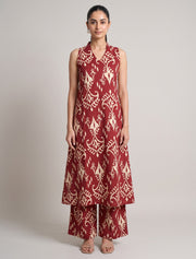 Red Ikat Print Pure Cotton Sleeveless Kurta with Palazzo Set
