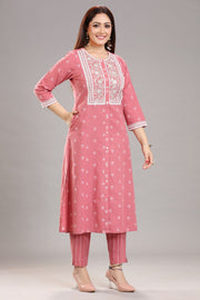 Peach Cotton Straight Embroidered Kurta Pant Co-ord Set for women