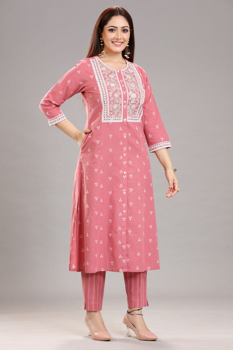 Peach Cotton Straight Embroidered Kurta Pant Co-ord Set for women
